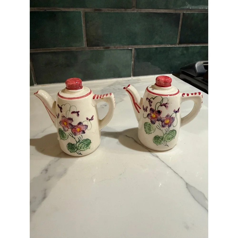Vintage Japan Ceramic Teapot Salt and Pepper Shakers Purple Violets Floral Set